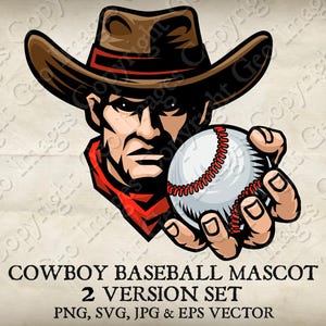 Cowboy Bandit Western Baseball Ball Maskottchen. Cowboys Outlaw Team Sport Logo Cartoon. 2 Versionen. Vektor SVG-, EPS-, PNG- und JPEG-Dateien