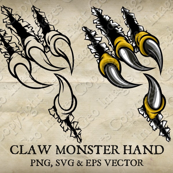 Monster, Tiger, Dragon or Eagle Claw Hand with Talons Ripping and Tearing Metal or Paper Clip Art. Vector SVG, EPS transparent PNG, Clipart