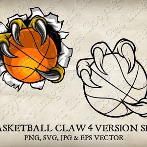 Monstre de basket-ball, tigre, loup, dragon, griffe d'aigle tenant le logo de l'art du ballon. Vecteur SVG, EPS, Jpg PNG Clipart. 4 versions définies