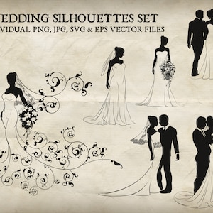 Bride and groom wedding silhouette vector set. Each of the silhouettes in individual PNG, jpg, EPS and SVG files