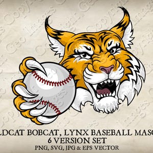 Wildcat Bobcat Cougar Lynx Lion segurando bola de beisebol mascote Wildcats Bobcats Cougars Logo Cartoon. 6 versões. Vetor SVG, EPS, PNG, JPEG