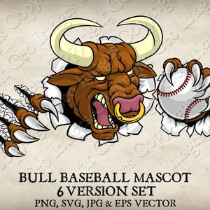 Bull Minotaur Buffalo Cow Holding Baseball Ball Angry Sports Team Mascot Bulls Logo Cartoon. 6 Versions. Vector SVG, EPS, PNG, Jpeg