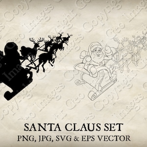 Weihnachtsmann Schlitten Weihnachtsmann Rentier Hirsch Schlitten fliegen Cartoon Schlitten und Silhouette Vektor SVG EPS PNG Weihnachten Clip Art Illustration