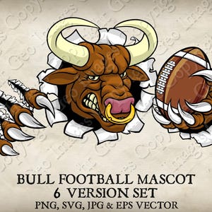 Bull Minotaur Buffalo Cow Holding American Football Ball Angry Sports Team Mascot Bulls Logo Cartoon. 6 Versions. Vector SVG, EPS, PNG, Jpeg