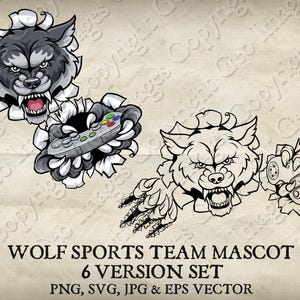 Wolf Werewolf Video Game Gamer Cartoon Holding Controller Mascot Angry Coyote Dog Wolves Sports Team Logo. 6 Versions Vector SVG EPS PNG