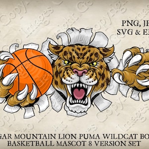 Jaguar Leopardo Chita Pantera Gato Selvagem Bobcat Gato Segurando Bola de Basquete Logotipo Mascote do Time Desenho Animado. 8 Versões. Vetor SVG, EPS, PNG e Jpeg