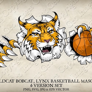 Wildcat Bobcat Cougar Lynx Lion segurando bola de basquete mascote Wildcats Bobcats Cougars Logo Cartoon. 6 versões. Vetor SVG, EPS, PNG, JPEG