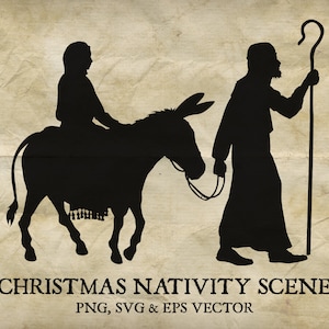 Kerst kerststal silhouet. Jozef en Maria lopen op ezel. Christelijke religieuze illustratie PNG, SVG, EPS-vectorbestanden inbegrepen