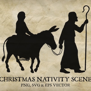 Christmas Nativity Scene Silhouette. Joseph and Mary Walking on Donkey. Christian religious illustration PNG, SVG, EPS Vector Files Included