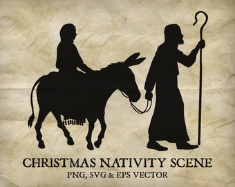 Christmas Nativity Scene Silhouette. Joseph and Mary Walking on Donkey. Christian religious illustration PNG, SVG, EPS Vector Files Included