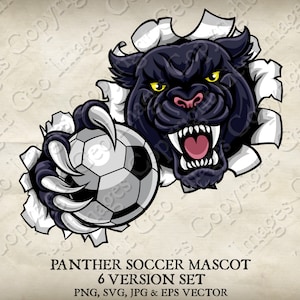 Panther Holding Soccer Football Ball Mascot Jaguar Panthers Logo Cartoon. 6 Versions. Ripped Background. Vector SVG, EPS, PNG, Jpeg