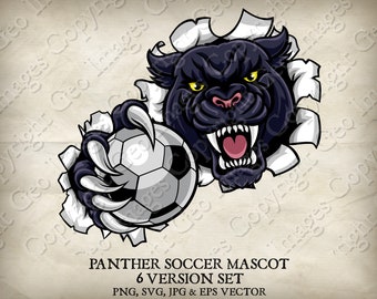 Panther sosteniendo una pelota de fútbol mascota Jaguar Panthers Logo Cartoon. 6 versiones. Fondo rasgado. Vectores SVG, EPS, PNG, Jpeg