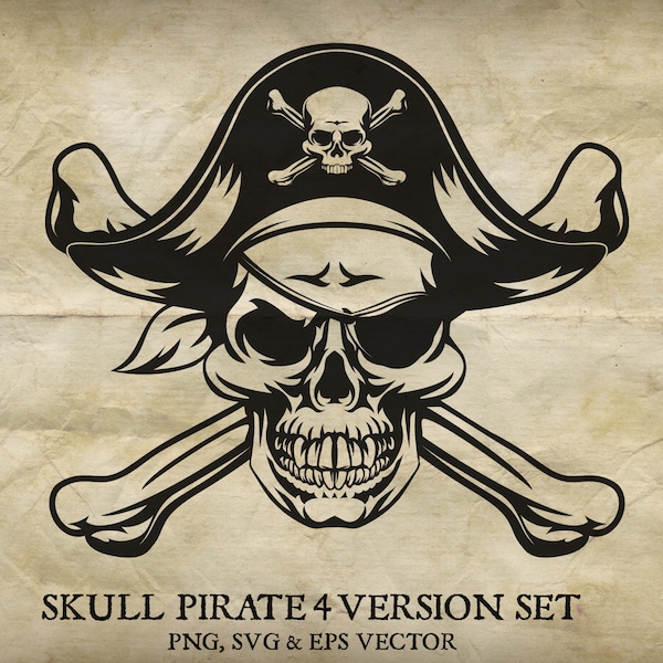 Pirate skull and crossbones jolly roger vector skeleton. Four versions in individual PNG, EPS and SVG files