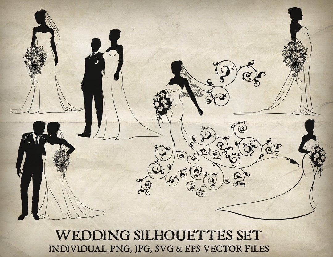Bride and Groom Wedding Bridal Dress Silhouette Marriage Couple Vector ...