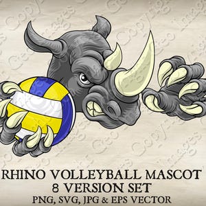 Rhino Rhinoceros Volleyball Ball Sports Mascot Rhinos Sport Logo Cartoon. 8 Versions. Ripped Background. Vector SVG, EPS, PNG, Jpg