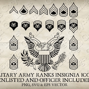 Army Rank United States US Military Insignia Officer Enlisted Badge Ranks Stripes Icons American Crest Badges png, vector eps and svg