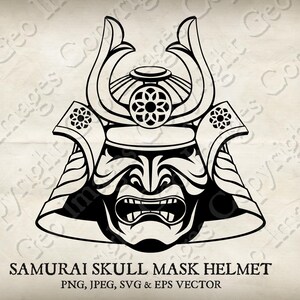 Pode incluir: Ilustração em preto e branco de um capacete de máscara de caveira de samurai. O capacete tem um design japonês tradicional com um rosto de caveira em relevo e uma parte superior pontiaguda.