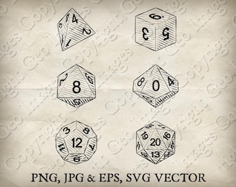 Spel dobbelstenen illustratie rollenspel rpg fantasie bordspel dnd set in vinatge houtsnedestijl. PNG D20, twintigzijdig enz. SVG EPS-vectorbestanden