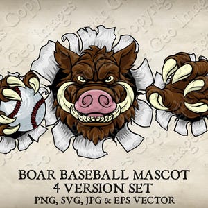 Wild Boar Razorback Warthog Hog Pig Baseball Ball Claws Mascot Boars Logo Cartoon. 4 Versions. Ripped Background. Vector SVG, EPS, PNG, Jpg
