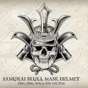 Pode incluir: Uma ilustração em preto e branco de um capacete de máscara de caveira de samurai. O capacete é detalhado com desenhos intrincados e apresenta um rosto de caveira com uma expressão feroz.