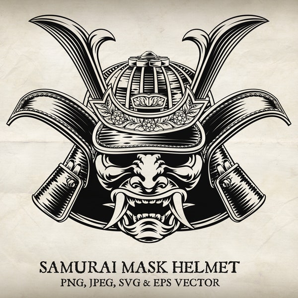 Samurai mask Japanese warrior head vector helmet. With individual PNG, jpeg, EPS and SVG files