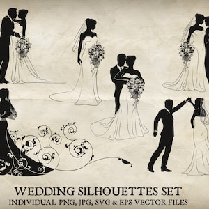 Conjunto de vetores de silhueta de casamento de noivos. Cada uma das silhuetas em arquivos PNG, JPG, EPS e SVG individuais