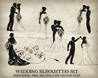 Bride and groom wedding silhouette vector set. Each of the silhouettes in individual PNG, jpg, EPS and SVG files