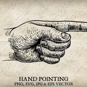 Hand Pointing Finger Vintage Etching Victorian Old Antique Woodcut Style Cartoon Arrow Illustration. Vector SVG, EPS transparent PNG, Jpg