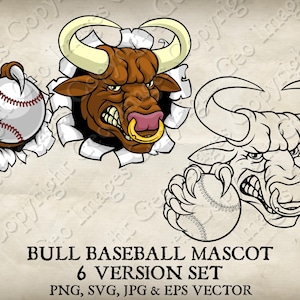 Bull Minotauro Buffalo Cow Segurando Bola De Beisebol Angry Sports Team Mascot Bulls Logo Cartoon. 6 Versões. Vetor SVG, EPS, PNG, Jpeg
