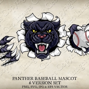 Panther hält Baseballball-Maskottchen Jaguar Panthers Logo Cartoon. 6 Versionen. Durch den Hintergrund gerissen. Vektor SVG, EPS, PNG, JPEG