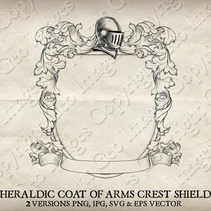 Heraldic Coat of Arms Crest Heraldry Knight Medieval Family Shield Border Frame. Vector EPS, SVG, PNG and Jpg. Vintage Design Illustration