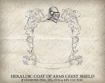 Heraldisch wapenschild kuif heraldiek ridder middeleeuwse familie schild grenskader. Vector EPS, SVG, PNG en JPG. Vintage designillustratie