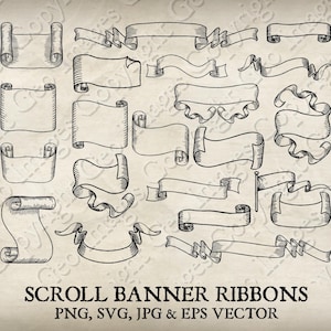 Può includere: Una collezione di nastri per banner a scorrimento disegnati a mano in varie forme e stili. Le illustrazioni in linea nera sono ambientate su uno sfondo strutturato color seppia. Il testo "SCROLL BANNER RIBBONS" è in basso.