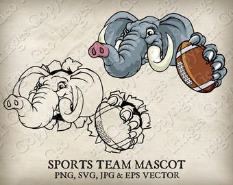 Olifant met American Football-bal mascotte boze olifanten Logo Cartoon. 6 versies. Gescheurde achtergrond. Vector SVG, EPS, PNG, JPEG