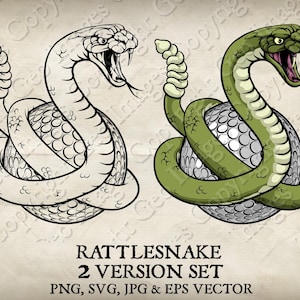 May include: Two illustrations of a rattlesnake coiled around a golf ball. One is a black and white outline, the other is green with a pink mouth. The text "Rattlesnake 2 Version Set" is below the images.