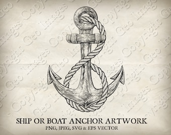 Ancla de barco, cuerda de barco, tatuaje, marinero náutico, grabado, estilo de tatuaje, dibujo de ilustración en madera. Con archivos individuales PNG, jpeg, EPS y SVG