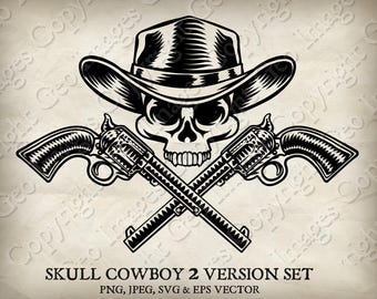 Cowboyschedel koeienjongen hoed kruisbeen gekruist pistool revolver geweren. Westers sheriff vector Magere Heinskelet. PNG-, jpg-, EPS-, SVG-bestanden