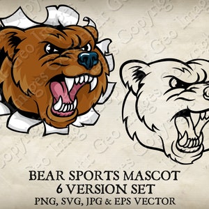Bear Mascot, Bear Grizzly Sports Head and Claws Mascot Bears Team Logo Cartoon. 6 Versions. Ripped Background. Vector SVG, EPS, PNG, Jpg
