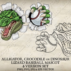 Alligator, Dinosaur, Crocodile, Lizard, Dragon or T Rex Baseball Ball Claws Mascot Logo Cartoon. 6 Versions. Vector SVG, EPS, PNG, Jpg