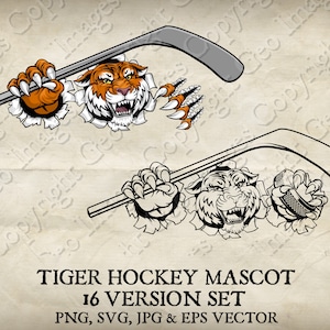Tiger Hockey Maskottchen Tiger Logo Cartoon. 16 Versionen. Hält Eishockey Puck und Stick durch Hintergrund zerrissen. Vektor SVG, EPS, PNG, Jpg