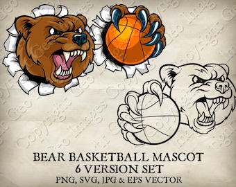 Bear Grizzly Basketball Ball Claws Mascot Bears Logo Cartoon. 6 Versions. Ripped Background. Vector SVG, EPS, PNG, Jpg