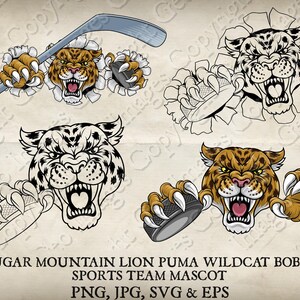 Jaguar Leopard Cheetah Panther Wildcat Bobcat Cat Ice Hockey Stick Hockey Puck Team Mascotte Logo Cartoon 16 versies Vector SVG EPS PNG Jpeg