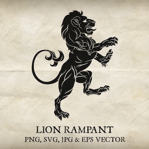 May include: Black silhouette of a lion rampant, a heraldic symbol, against a textured beige background. The image includes the text "Lion Rampant" and "PNG, SVG, JPG & EPS Vector".