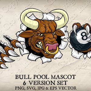 Bull Minotaur Buffalo Cow Pool Mascot Holding Billiard 8 Ball. Angry Billiards Bulls Team Logo Cartoon. 6 Versions. Vector SVG EPS PNG Jpeg