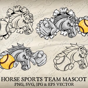 May include: A black and white illustration of a horse mascot breaking through a wall, holding a softball. The mascot is shown in four different poses, including holding the ball, pointing, and looking determined.