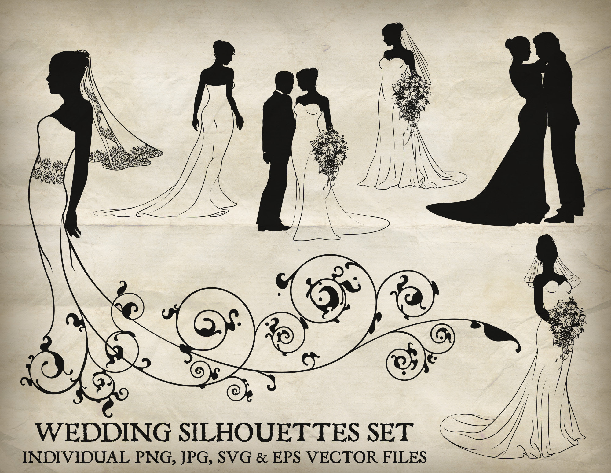 Bride and groom wedding silhouette vector set. Each of the silhouettes in  individual PNG, jpg, EPS and SVG files, image size:2000x1547
