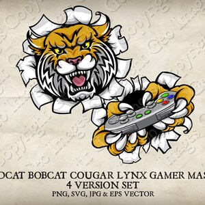 Puede incluir: Una fiera mascota de gato salvaje de dibujos animados con pelaje naranja y rayas negras, rompiendo un fondo de papel blanco. El gato salvaje sostiene un mando de videojuego gris con sus garras.