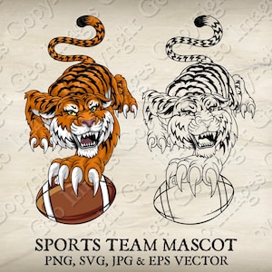 Mascotte della tigre che tiene la palla da football americano tra gli artigli Mascotte Tigers Football Logo Cartoon. 2 versioni. Vettore SVG, EPS, PNG, Jpeg