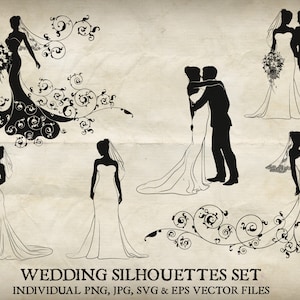 Bride and groom wedding silhouette vector set. Each of the silhouettes in individual PNG, jpg, EPS and SVG files
