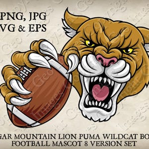 Cougar Wildcat Bobcat Puma Mountain Lion Holding American Football Ball Team Mascot Logo Cartoon. 8 Versions. Vector SVG, EPS, PNG & Jpeg